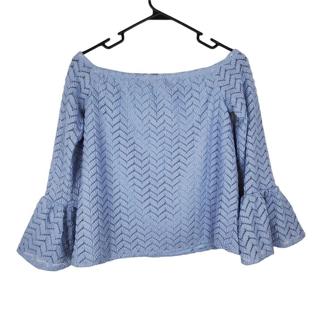 English Factory Crochet Lace Off Shoulder Flare Bell Sleeve Blouse Top Shirt - Picture 6 of 6